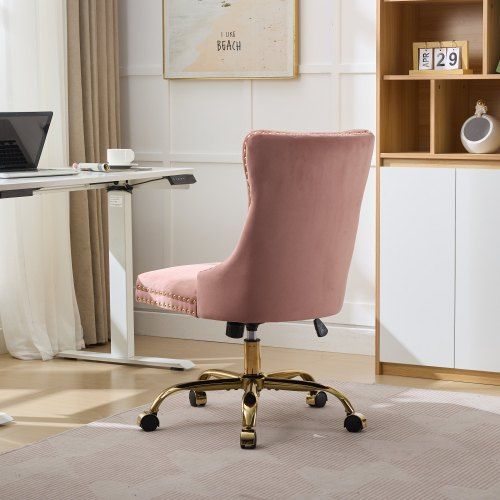 Chaise De Bureau En Velours, Assise Rembourrée, Base Métal Doré, Rose