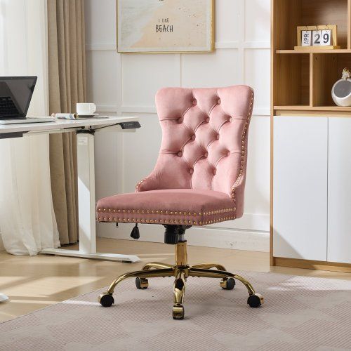 Chaise De Bureau En Velours, Assise Rembourrée, Base Métal Doré, Rose