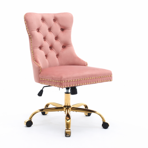 Chaise De Bureau En Velours, Assise Rembourrée, Base Métal Doré, Rose