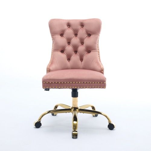 Chaise De Bureau En Velours, Assise Rembourrée, Base Métal Doré, Rose