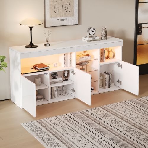 Buffet Blanc Laqué Avec 3 Portes, 3 Étagère En Verre, LED, Compartiments Ouverts