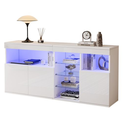 Buffet Blanc Laqué Avec 3 Portes, 3 Étagère En Verre, LED, Compartiments Ouverts