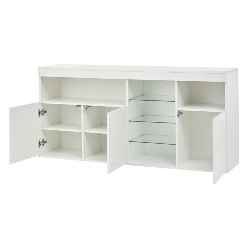 Buffet Blanc Laqué Avec 3 Portes, 3 Étagère En Verre, LED, Compartiments Ouverts