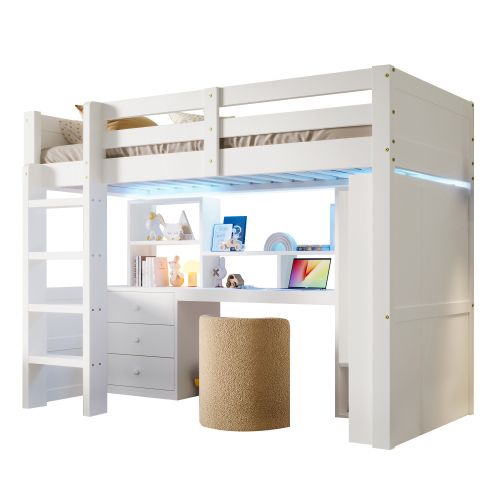 Lit Mezzanine 90x200 Cm, Avec Bureau Et Rangements Multifonctions, En Bois, Blanc