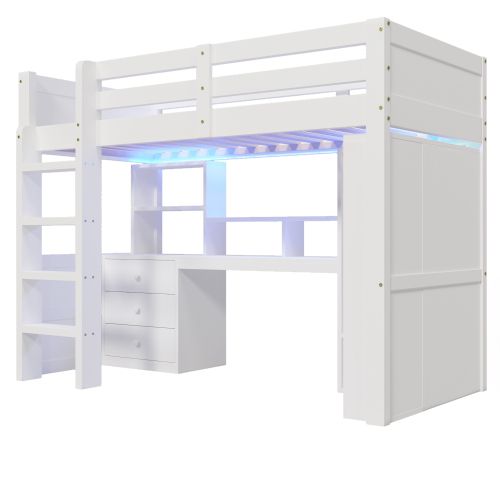 Lit Mezzanine 90x200 Cm, Avec Bureau Et Rangements Multifonctions, En Bois, Blanc