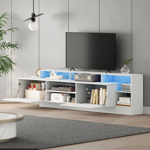 Meuble TV 190 Cm, Brillante, Niche Ouverte, Avec LED, Blanc