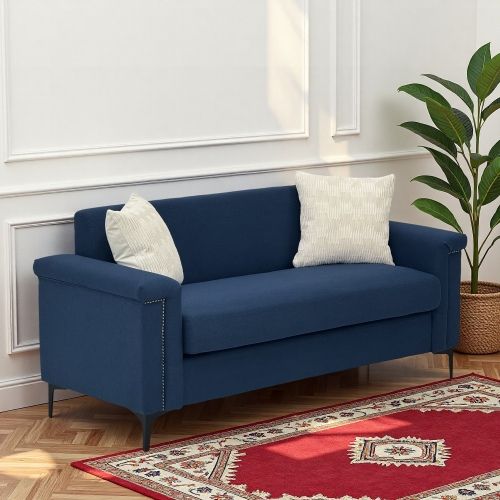 Canapé 2 Places En Lin Bleu, Pieds Métal Et Accoudoirs Larges