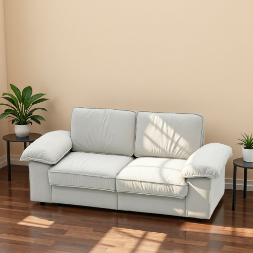 Canapé 2 Places En Velours Blanc Crème, Rangement Sous Assise, Avec Accoudoirs Larges Et Coussins