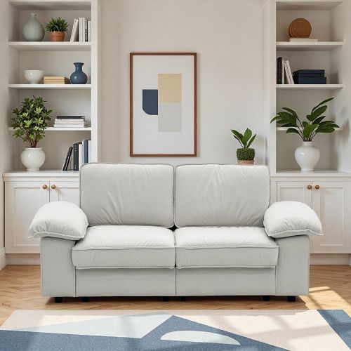 Canapé 2 Places En Velours Blanc Crème, Rangement Sous Assise, Avec Accoudoirs Larges Et Coussins