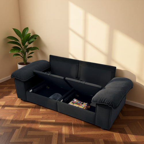 Canapé 2 Places Avec Rangement Sous Assise, Micro-peluche Et Structure Bois Massif