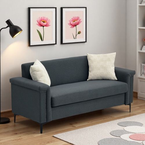 Canapé 2 Places En Lin Gris Foncé, Assise Ressorts Ensachés Et Pieds Métal