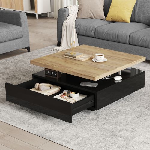 Table Basse Carrée Noyer Et Noir, Plateau Pivotant 360° Avec Rangement Caché