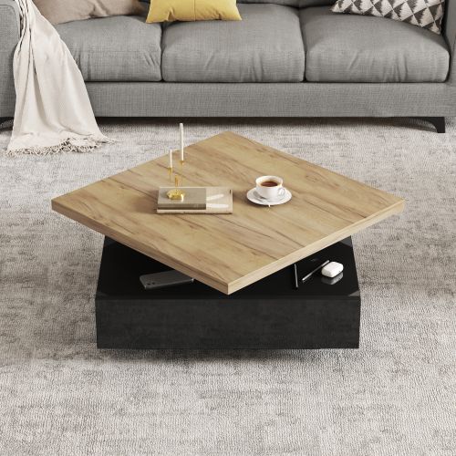 Table Basse Carrée Noyer Et Noir, Plateau Pivotant 360° Avec Rangement Caché