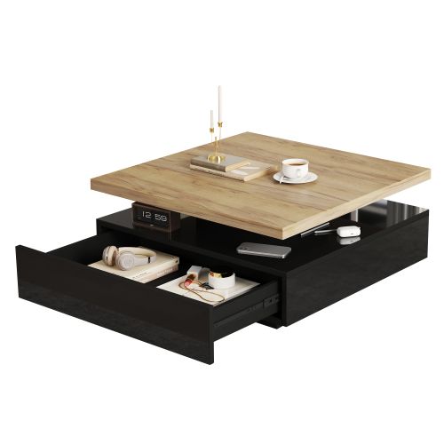 Table Basse Carrée Noyer Et Noir, Plateau Pivotant 360° Avec Rangement Caché