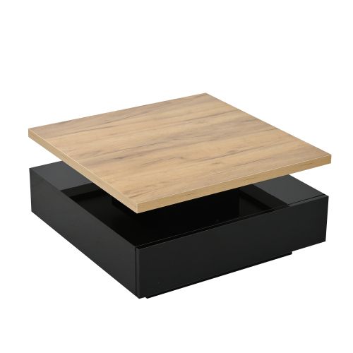 Table Basse Carrée Noyer Et Noir, Plateau Pivotant 360° Avec Rangement Caché