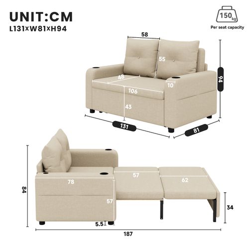 Canapé Convertible 2 Places 3 En 1 Avec USB Et Porte-gobelets En Tissu Beige