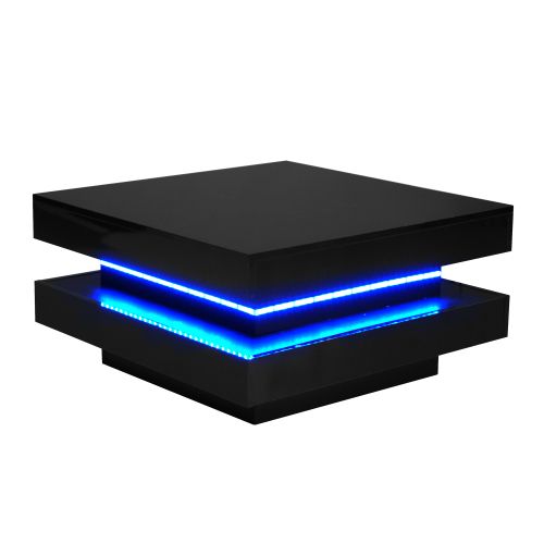 Table Basse Carrée Noire Haute Brillance 70x70x36 Cm Avec Plateau Rotatif Et Éclairage LED