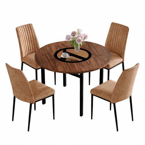 Ensemble Table Et Chaises, Table à Manger 100 Cm Avec Pieds Métal Noir Et 4 Chaises Tissu Brun