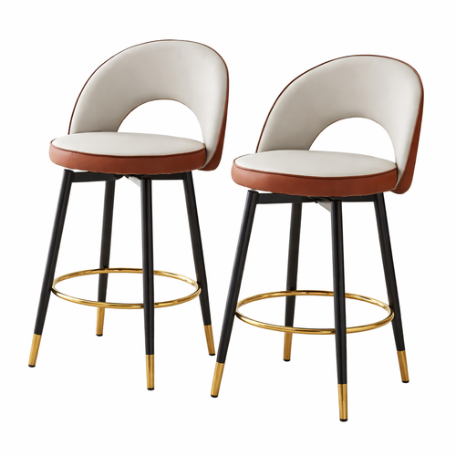 Lot De 2 Tabourets De Bar Pivotants 360°, Dossier Ajouré, En Pu, Gris Clair Et Marron