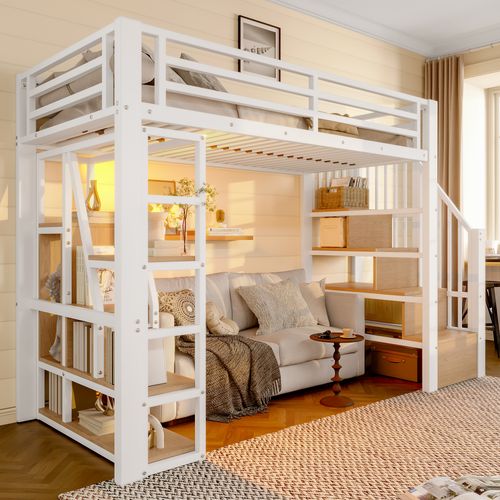 Lit Mezzanine 90x200 Cm, Avec LED Et Marches De Rangement, Avec Sommier à Lattes, En Métal, Blanc