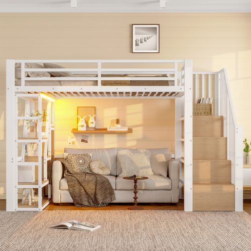 Lit Mezzanine 90x200 Cm, Avec LED Et Marches De Rangement, Avec Sommier à Lattes, En Métal, Blanc