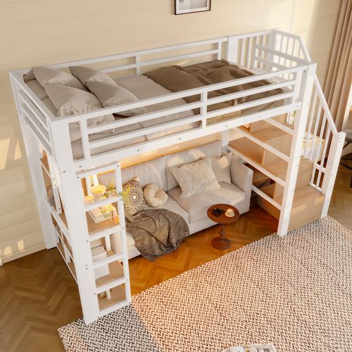 Lit Mezzanine 90x200 Cm, Avec LED Et Marches De Rangement, Avec Sommier à Lattes, En Métal, Blanc