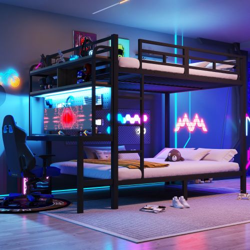 Lit Superposé 140x200 Cm, Avec Bureau, LED Et Ports USB Et Type-c, En Métal, Noir