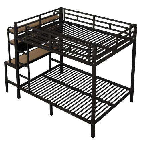 Lit Superposé 140x200 Cm, Avec Bureau, LED Et Ports USB Et Type-c, En Métal, Noir