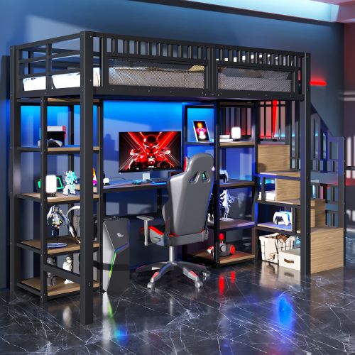 Lit Mezzanine 90x200 Cm, Avec Bureau, LED Et Ports USB, En Métal, Noir