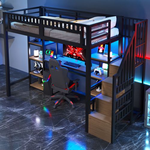 Lit Mezzanine 90x200 Cm, Avec Bureau, LED Et Ports USB, En Métal, Noir