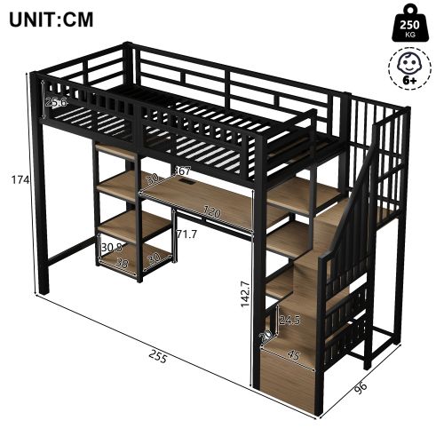Lit Mezzanine 90x200 Cm, Avec Bureau, LED Et Ports USB, En Métal, Noir