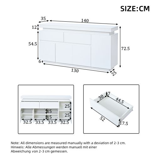 Buffet Blanc Brillant Avec 2 Tiroirs Et 4 Portes, Éclairage LED Intégré, Sans Poignées