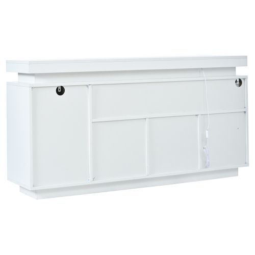 Buffet Blanc Brillant Avec 2 Tiroirs Et 4 Portes, Éclairage LED Intégré, Sans Poignées