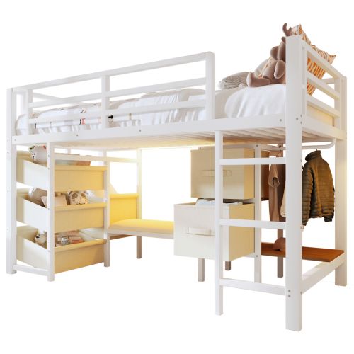 Lit Mezzanine Enfant 90x200 Cm, Avec LED Et Rangements, En Métal, Blanc