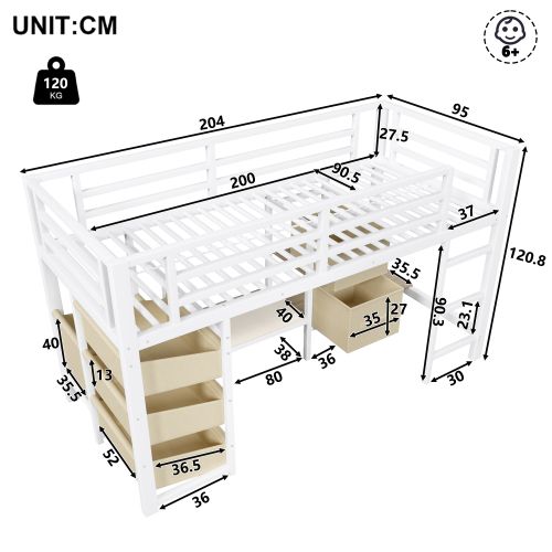 Lit Mezzanine Enfant 90x200 Cm, Avec LED Et Rangements, En Métal, Blanc