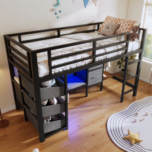 Lit Mezzanine 90x200 Cm, LED Et Rangements, Avec Sommier à Lattes, En Métal, Noir