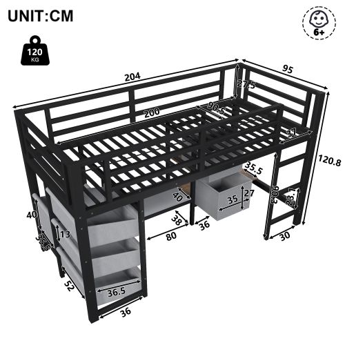 Lit Mezzanine 90x200 Cm, LED Et Rangements, Avec Sommier à Lattes, En Métal, Noir