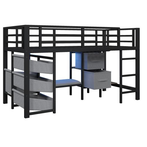 Lit Mezzanine 90x200 Cm, LED Et Rangements, Avec Sommier à Lattes, En Métal, Noir