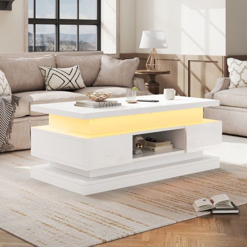 Table Basse Relevable Blanche 100 X 50 X 40 Cm Avec LED, 2 Tiroirs Et Rangement Caché