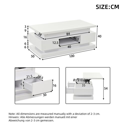 Table Basse Relevable Blanche 100 X 50 X 40 Cm Avec LED, 2 Tiroirs Et Rangement Caché