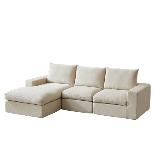 Canapé D’angle Modulable En Velours Côtelé Beige Avec Méridienne Et 3 Coussins