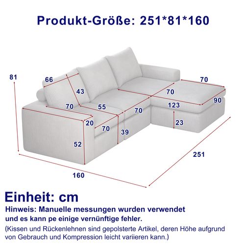 Canapé D’angle Modulable En Velours Côtelé Beige Avec Méridienne Et 3 Coussins