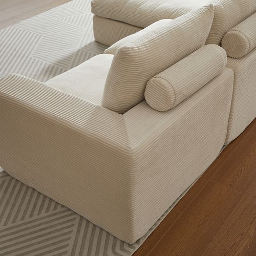 Canapé D’angle Modulable En Velours Côtelé Beige Avec Méridienne Et 3 Coussins