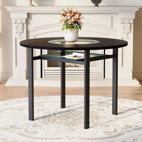 Table à Manger Ronde 100 Cm, Plateau Mdf Noir Effet Bois, Insert En Verre Gris Et Pieds En Métal