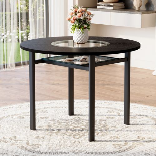 Table à Manger Ronde 100 Cm, Plateau Mdf Noir Effet Bois, Insert En Verre Gris Et Pieds En Métal