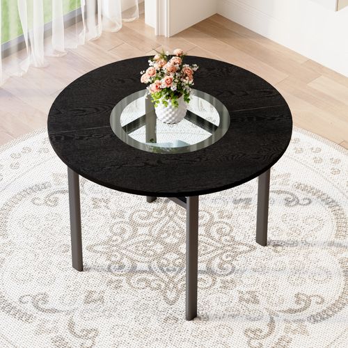 Table à Manger Ronde 100 Cm, Plateau Mdf Noir Effet Bois, Insert En Verre Gris Et Pieds En Métal