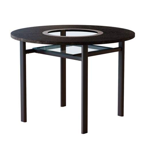 Table à Manger Ronde 100 Cm, Plateau Mdf Noir Effet Bois, Insert En Verre Gris Et Pieds En Métal