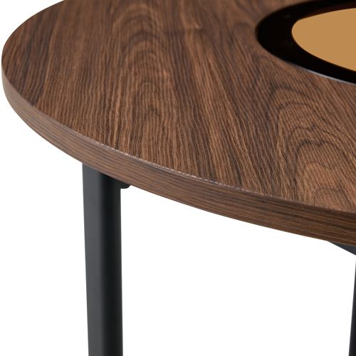 Table à Manger Ronde 100 Cm En Mdf Marron Avec Insert En Verre Et Pieds Métal Noirs