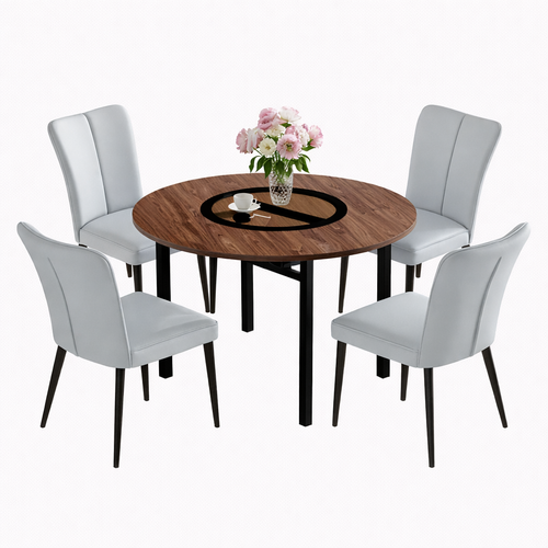 Ensemble Table Et Chaises, Table à Manger 100 Cm Avec Pieds Métal Noir Et 4 Chaises En Pu Gris Clair