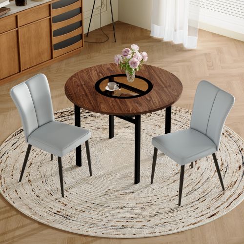 Ensemble Table Et Chaises, Table à Manger 100 Cm Avec Pieds Métal Noir Et 4 Chaises En Pu Gris Clair